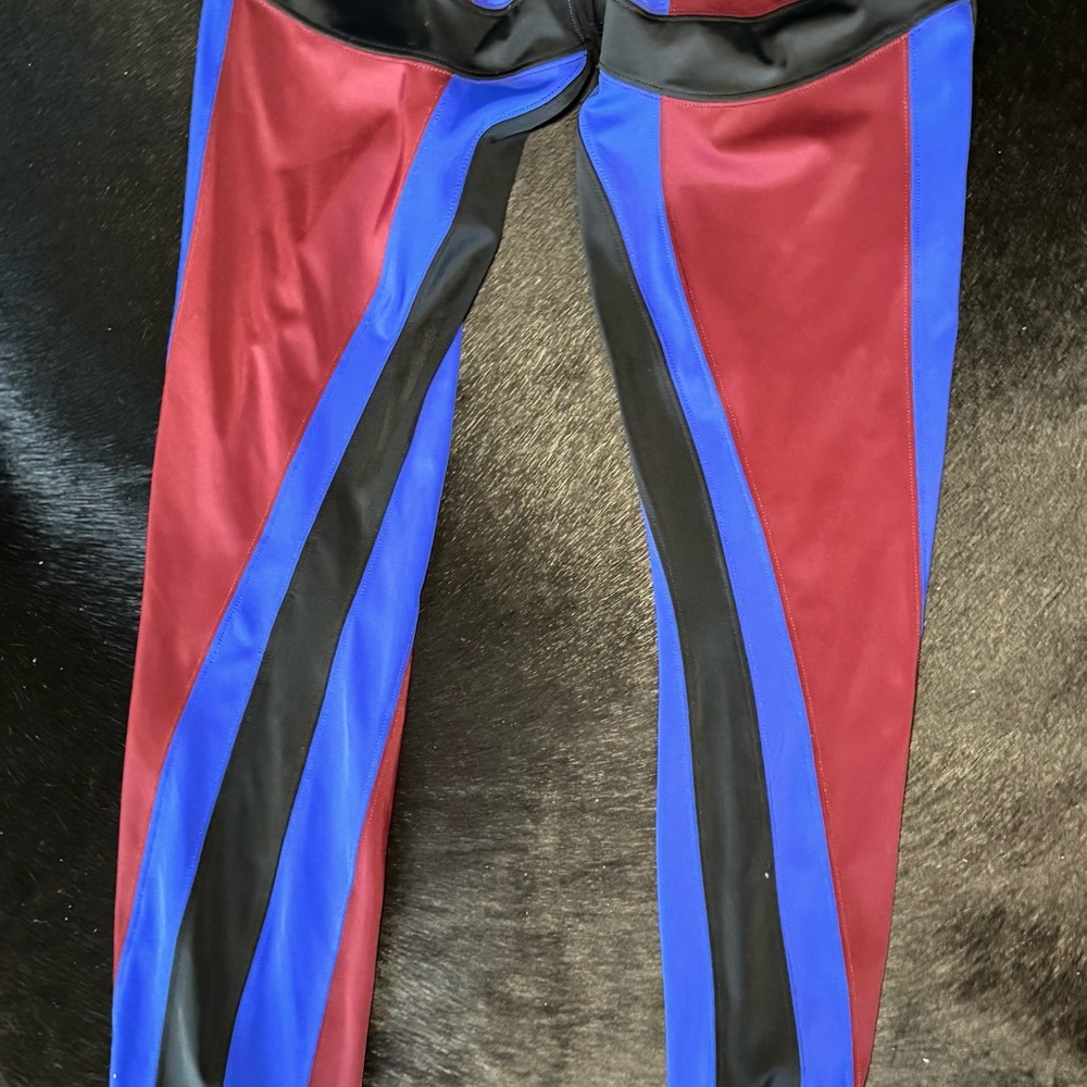 Mugler Red and Blue Leggings with Bold Color-Blocking Design